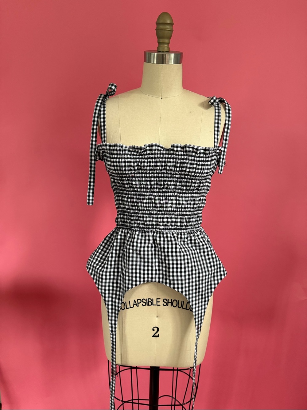Sandy Liang Seal Top Gingham Garter Ruched Tie Tank Coquette Cottagecore Size 6 - Picture 4 of 15